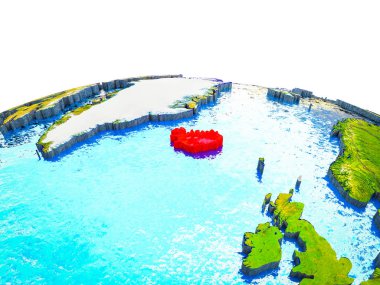 İzlanda görünür ülkelerle 3d dünya ve mavi okyanus dalgaları ile. 3D çizim.