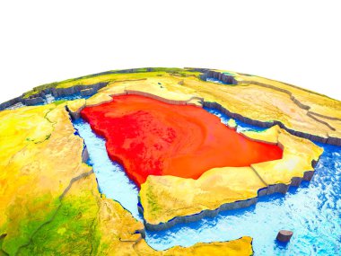 3d dünya görünür ülkelerle ve mavi okyanus dalgaları ile Suudi Arabistan. 3D çizim.