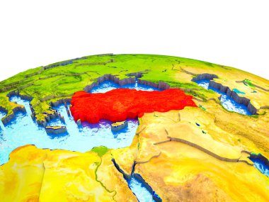 Türkiye görünür ülkelerle 3d dünya ve mavi okyanus dalgaları ile. 3D çizim.