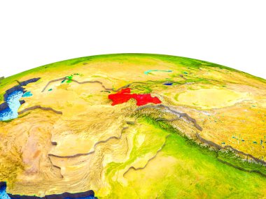 Tacikistan görünür ülkelerle 3d dünya ve mavi okyanus dalgaları ile. 3D çizim.