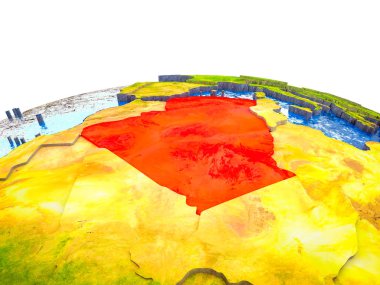 Cezayir görünür ülkelerle 3d dünya ve mavi okyanus dalgaları ile. 3D çizim.