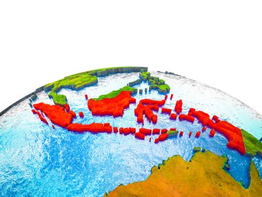 Endonezya görünür ülkelerle 3d dünya ve dalgalar ile mavi okyanus üzerinde. 3D çizim.