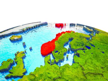Norveç görünür ülkelerle 3d dünya ve mavi okyanus dalgaları ile. 3D çizim.
