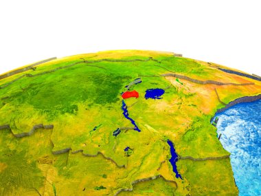 Ruanda görünür ülkelerle 3d dünya ve mavi okyanus dalgaları ile. 3D çizim.