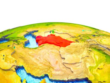 Türkmenistan görünür ülkelerle 3d dünya ve mavi okyanus dalgaları ile. 3D çizim.
