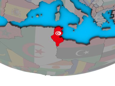 Tunus basit siyasi 3d dünya üzerinde katıştırılmış ulusal bayrak ile. 3D çizim.