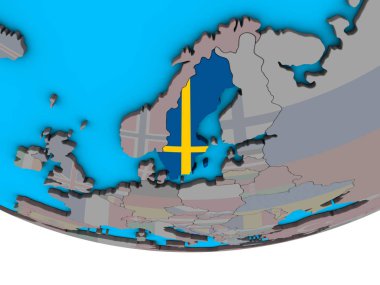 İsveç basit siyasi 3d dünya üzerinde katıştırılmış ulusal bayrak ile. 3D çizim.