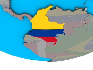 Kolombiya ile basit siyasi 3d dünya üzerinde katıştırılmış ulusal bayrak. 3D çizim.