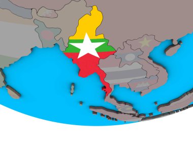 Myanmar basit siyasi 3d dünya üzerinde katıştırılmış ulusal bayrak ile. 3D çizim.