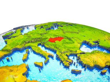 Macaristan görünür ülkelerle 3d dünya ve mavi okyanus dalgaları ile. 3D çizim.