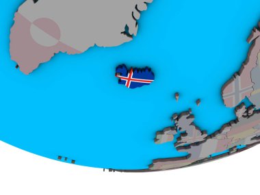 İzlanda basit siyasi 3d dünya üzerinde katıştırılmış ulusal bayrak ile. 3D çizim.
