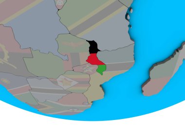 Malavi basit siyasi 3d dünya üzerinde katıştırılmış ulusal bayrak ile. 3D çizim.