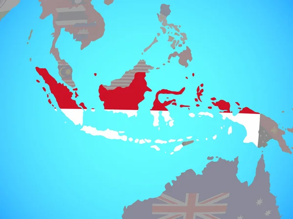 Indonesië Met Nationale Vlag Blauwe Politieke Wereldbol Illustratie — Stockfoto