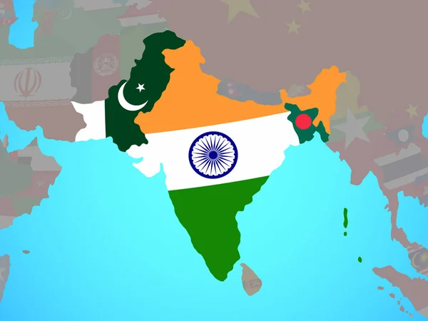 英国的印度与国旗在蓝色政治地球 — 图库照片