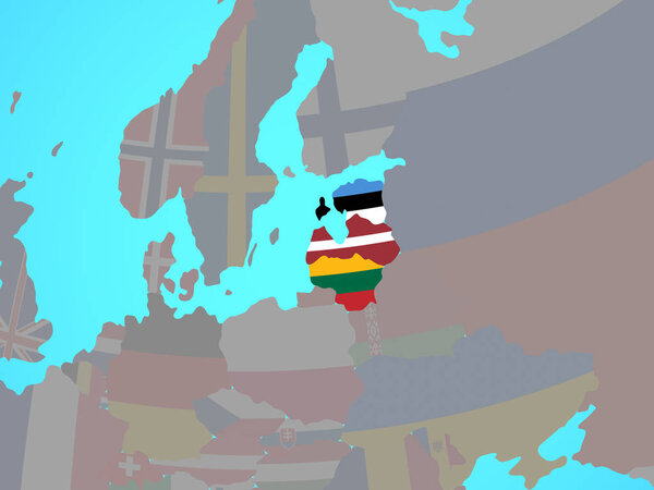 Baltic States with national flags on blue political globe. 3D illustration.