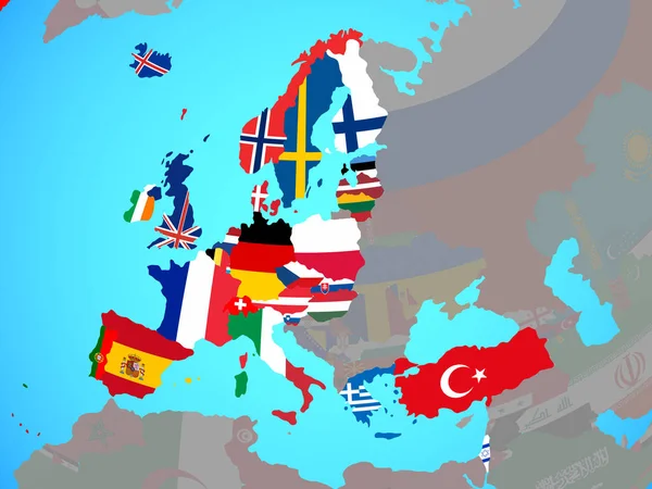 OECD European members with national flags on blue political globe. 3D illustration.