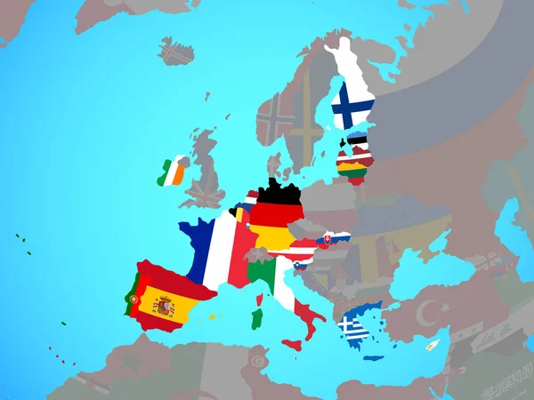 Lidstaten Van Eurozone Met Nationale Vlaggen Blauwe Politieke Wereldbol Illustratie — Stockfoto