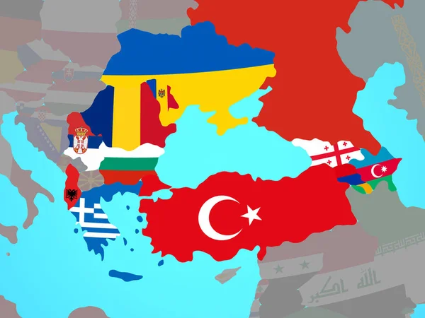 Landen Van Bsec Met Nationale Vlaggen Blauwe Politieke Wereldbol Illustratie — Stockfoto
