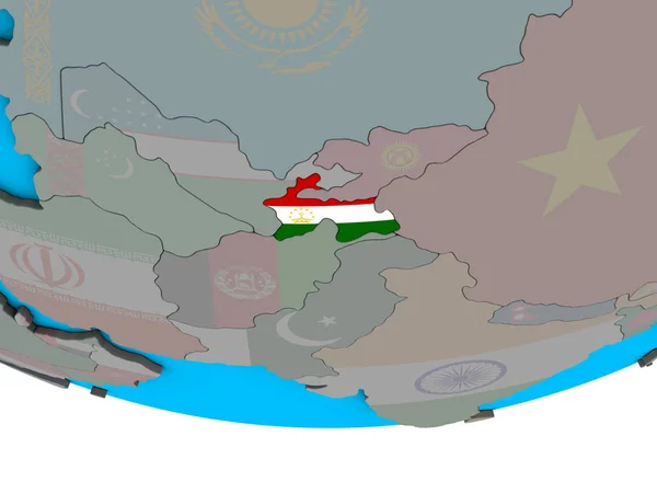 Tádzsikisztán Beágyazott Nemzeti Zászló Egyszerű Politikai Földgömb Illusztráció — Stock Fotó