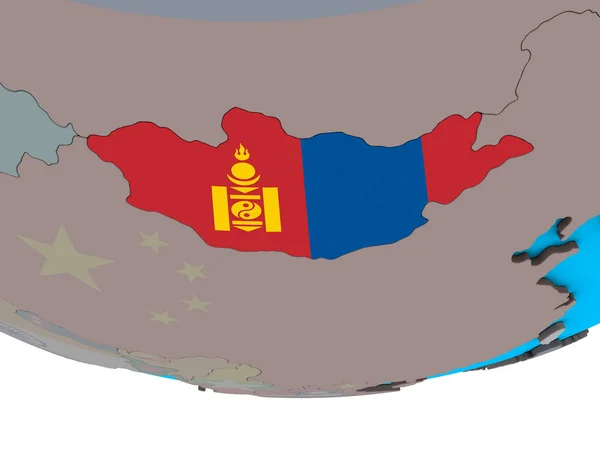Moğolistan Ile Basit Siyasi Dünya Üzerinde Katıştırılmış Ulusal Bayrak Çizim — Stok fotoğraf