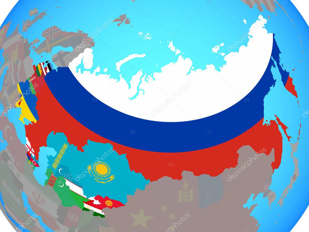 Former Soviet Union with national flags on blue political globe. 3D illustration.