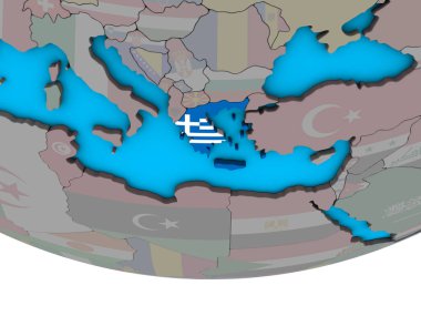 Yunanistan ile basit siyasi 3d dünya üzerinde katıştırılmış ulusal bayrak. 3D çizim.
