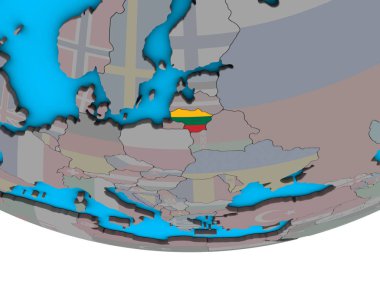 Litvanya ile basit siyasi 3d dünya üzerinde katıştırılmış ulusal bayrak. 3D çizim.