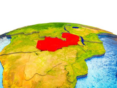 3d dünya görünür ülkelerle ve mavi okyanus dalgaları ile Zambiya. 3D çizim.