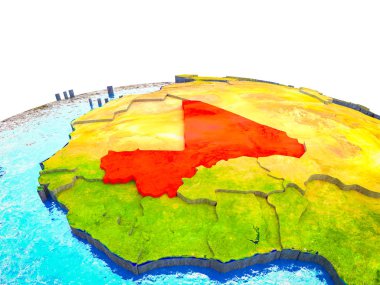 Mali görünür ülkelerle 3d dünya ve mavi okyanus dalgaları ile. 3D çizim.