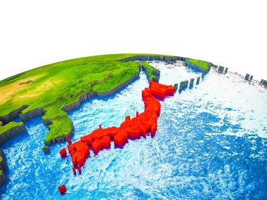3d dünya görünür ülkelerle ve mavi okyanus dalgaları ile Japonya. 3D çizim.