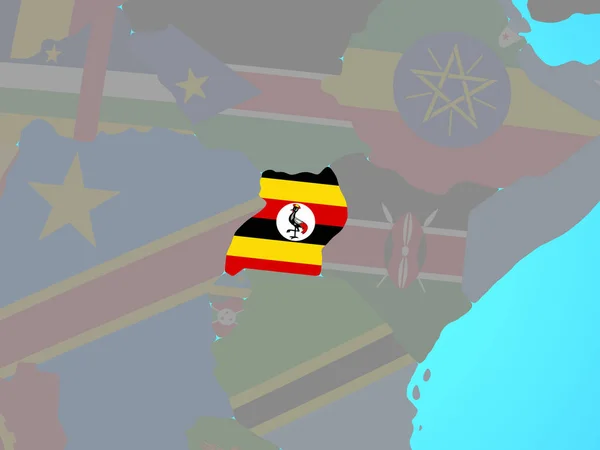 Ouganda Avec Drapeau National Sur Globe Politique Bleu Illustration — Photo