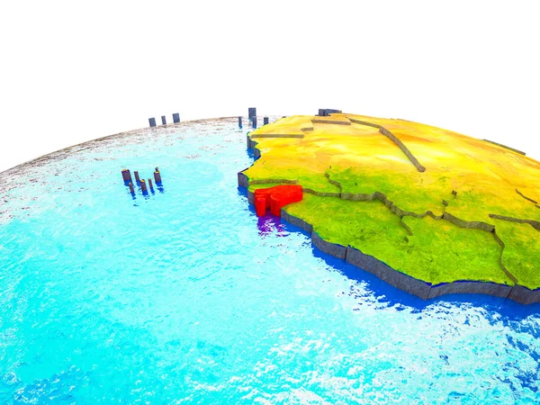 Guinea-Bissau on 3D Earth with visible countries and blue oceans with waves. 3D illustration.