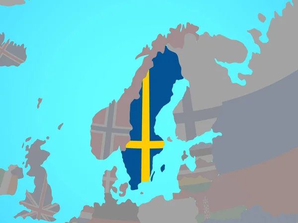 Sweden with national flag on blue political globe. 3D illustration.