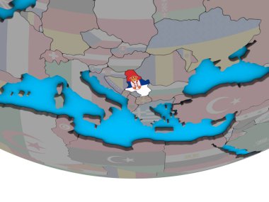 Sırbistan ile basit siyasi 3d dünya üzerinde katıştırılmış ulusal bayrak. 3D çizim.