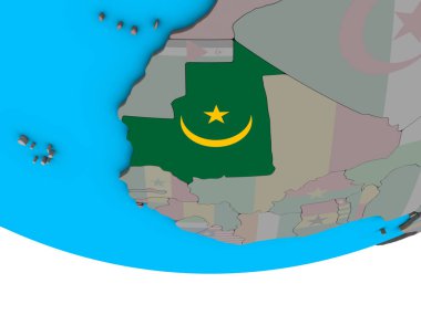 Moritanya basit siyasi 3d dünya üzerinde katıştırılmış ulusal bayrak ile. 3D çizim.
