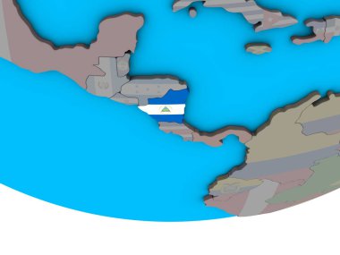 Nikaragua ile basit siyasi 3d dünya üzerinde katıştırılmış ulusal bayrak. 3D çizim.