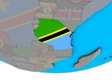 Tanzanya ile basit siyasi 3d dünya üzerinde katıştırılmış ulusal bayrak. 3D çizim.