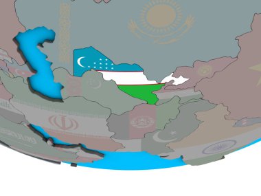 Özbekistan basit siyasi 3d dünya üzerinde katıştırılmış ulusal bayrak ile. 3D çizim.