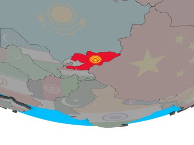 Kırgızistan ile basit siyasi 3d dünya üzerinde katıştırılmış ulusal bayrak. 3D çizim.