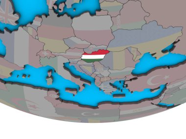 Macaristan ile basit siyasi 3d dünya üzerinde katıştırılmış ulusal bayrak. 3D çizim.