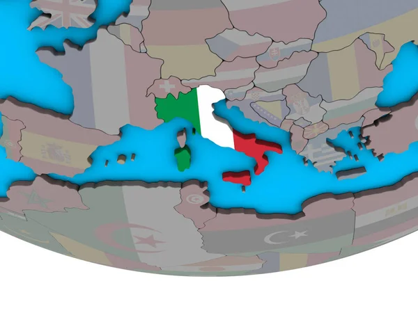 Olaszország Beágyazott Nemzeti Zászló Egyszerű Politikai Földgömb Illusztráció — Stock Fotó