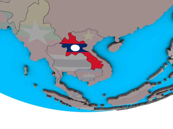 老挝在简单的政治3D 地球上嵌入国旗 — 图库照片
