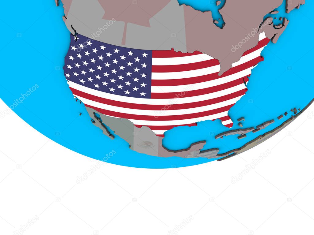 USA with embedded national flag on simple political 3D globe. 3D illustration.