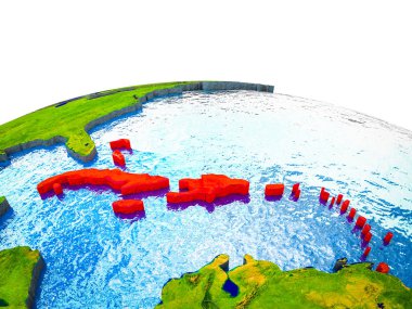 Caribbean görünür ülkelerle 3d dünya ve dalgalar ile mavi okyanus üzerinde. 3D çizim.