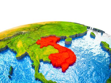 3d dünya görünür ülkelerle ve mavi okyanus dalgaları ile Indochina. 3D çizim.