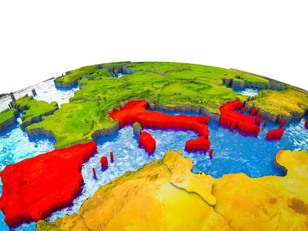 Southern Europe on 3D Earth with visible countries and blue oceans with waves. 3D illustration.