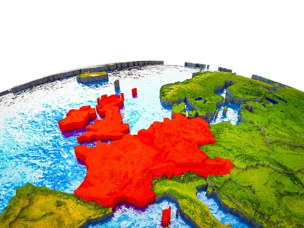 Western Europe on 3D Earth with visible countries and blue oceans with waves. 3D illustration.