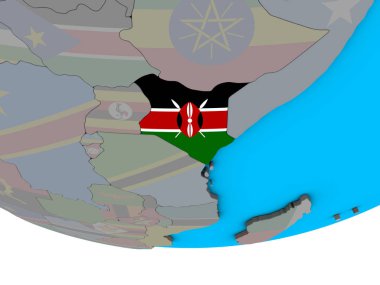 Kenya ile basit siyasi 3d dünya üzerinde katıştırılmış ulusal bayrak. 3D çizim.