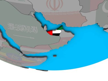 Birleşik Arap Emirlikleri ile basit siyasi 3d dünya üzerinde katıştırılmış ulusal bayrak. 3D çizim.