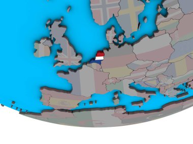 Basit siyasi 3d dünya üzerinde katıştırılmış ulusal bayrak ile Hollanda. 3D çizim.
